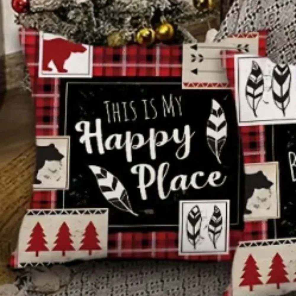NEW SET OF 5 RUSTIC MOUNTAIN CABIN QUOTE BLACK/RED LINEN PILLOW COVERS 18